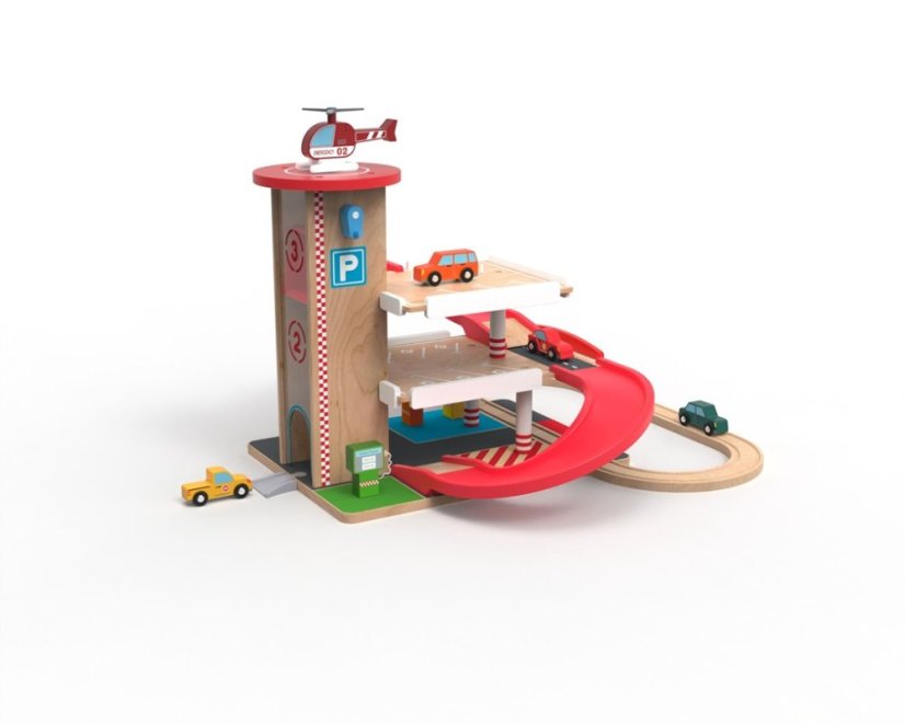 2Kids Toys Drevená garáž s vláčikodráhou